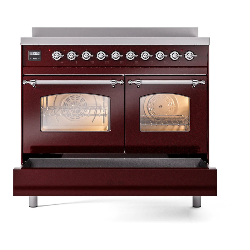 ILVE Nostalgie II 40" Induction Freestanding Range in Burgundy with Chrome Trim, UPDI406NMPBUC
