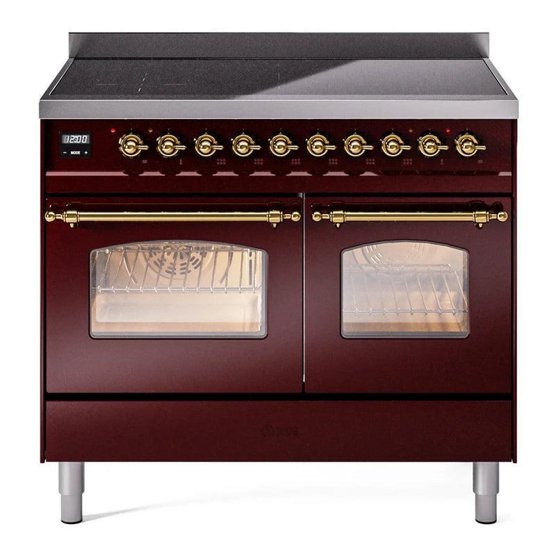 ILVE Nostalgie II 40" Induction Freestanding Range in Burgundy with Brass Trim, UPDI406NMPBUG