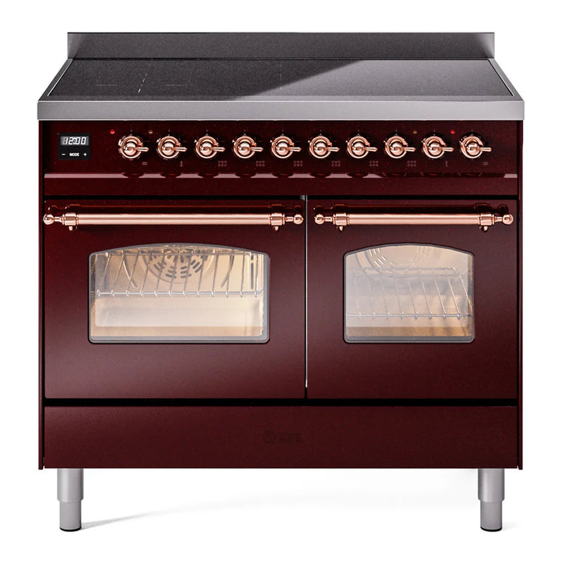 ILVE Nostalgie II 40" Induction Freestanding Range in Burgundy with Copper Trim, UPDI406NMPBUP