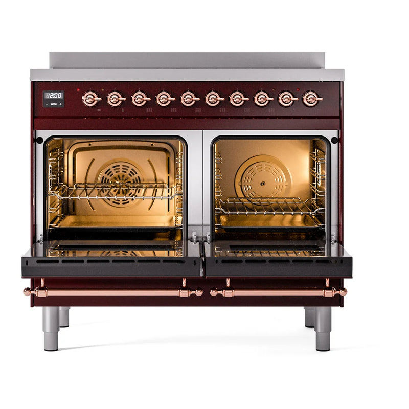 ILVE Nostalgie II 40" Induction Freestanding Range in Burgundy with Copper Trim, UPDI406NMPBUP