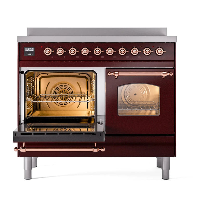 ILVE Nostalgie II 40" Induction Freestanding Range in Burgundy with Copper Trim, UPDI406NMPBUP