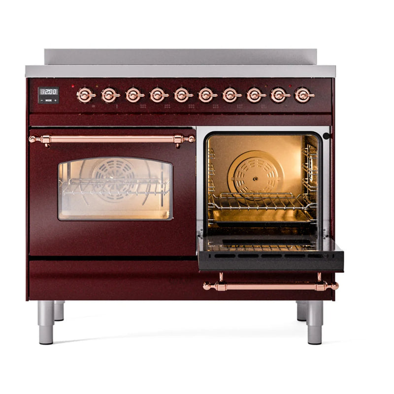 ILVE Nostalgie II 40" Induction Freestanding Range in Burgundy with Copper Trim, UPDI406NMPBUP