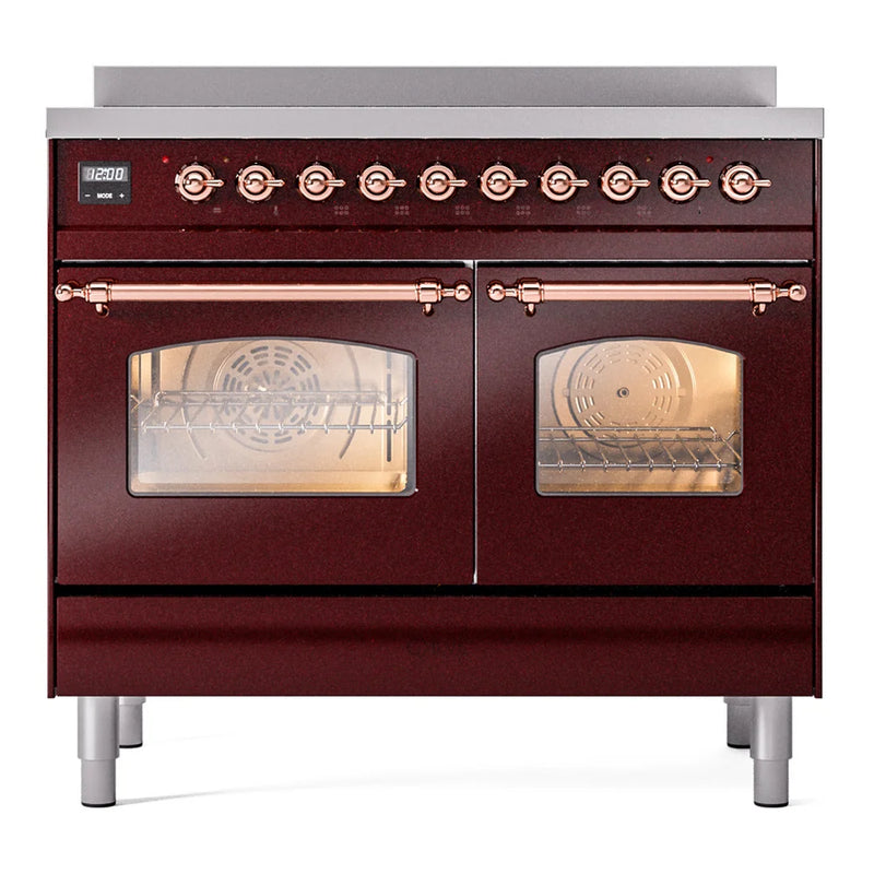 ILVE Nostalgie II 40" Induction Freestanding Range in Burgundy with Copper Trim, UPDI406NMPBUP
