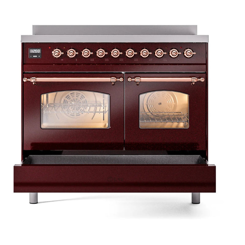 ILVE Nostalgie II 40" Induction Freestanding Range in Burgundy with Copper Trim, UPDI406NMPBUP