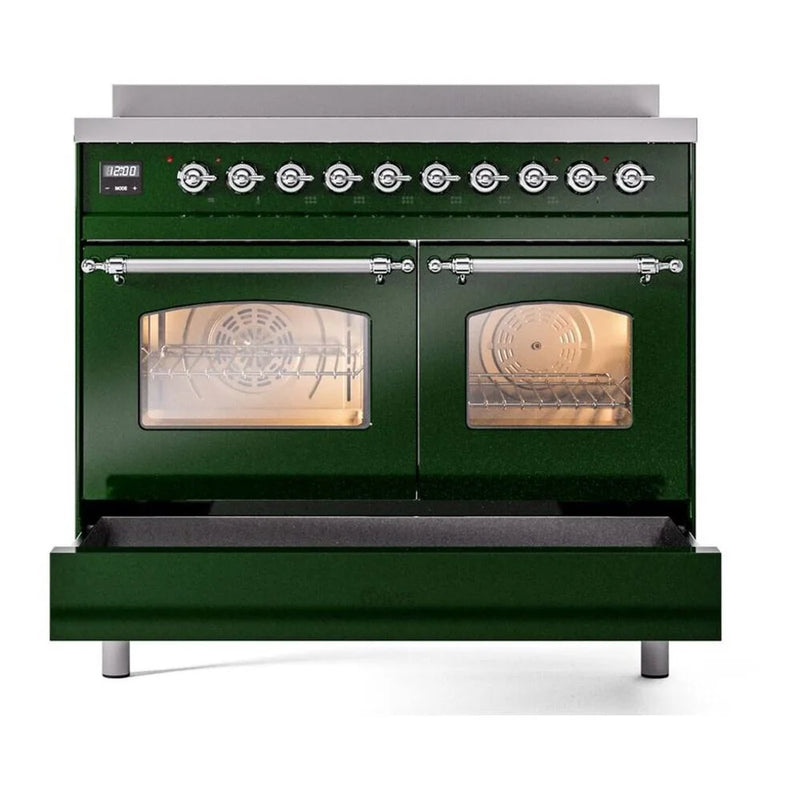 ILVE Nostalgie II 40" Induction Freestanding Range in Emerald Green with Chrome Trim, UPDI406NMPEGC