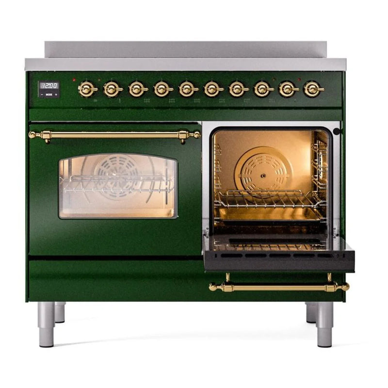ILVE Nostalgie II 40" Induction Freestanding Range in Emerald Green with Brass Trim, UPDI406NMPEGG