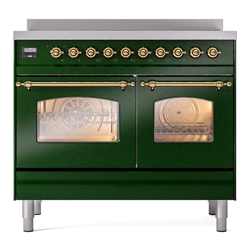 ILVE Nostalgie II 40" Induction Freestanding Range in Emerald Green with Brass Trim, UPDI406NMPEGG
