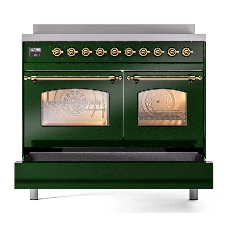 ILVE Nostalgie II 40" Induction Freestanding Range in Emerald Green with Brass Trim, UPDI406NMPEGG