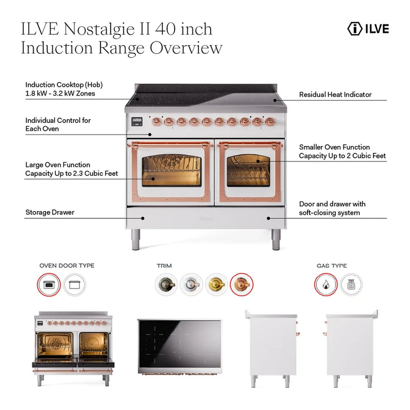 ILVE Nostalgie II 40" Induction Freestanding Range in Midnight Blue with Burnished Trim, UPDI406NMPMBB