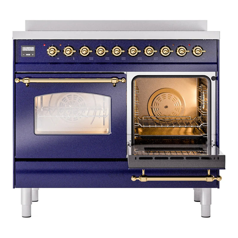ILVE Nostalgie II 40" Induction Freestanding Range in Midnight Blue with Brass Trim, UPDI406NMPMBG