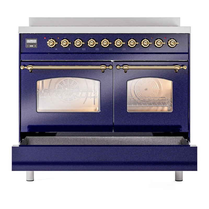 ILVE Nostalgie II 40" Induction Freestanding Range in Midnight Blue with Brass Trim, UPDI406NMPMBG