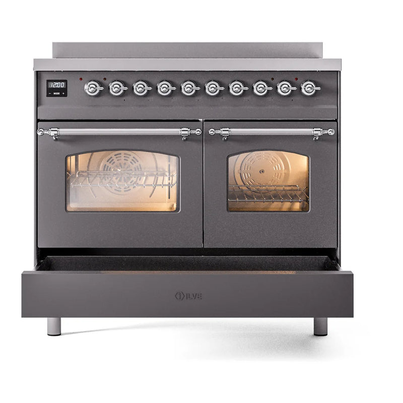 ILVE Nostalgie II 40" Induction Freestanding Range in Graphite Matte with Chrome Trim, UPDI406NMPMGC