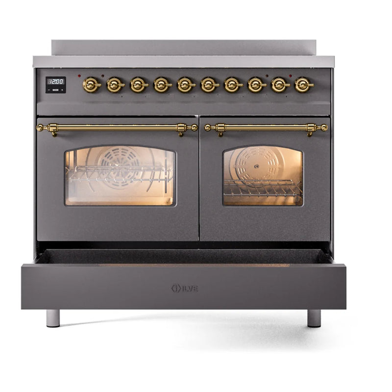 ILVE Nostalgie II 40" Induction Freestanding Range in Graphite Matte with Brass Trim, UPDI406NMPMGG