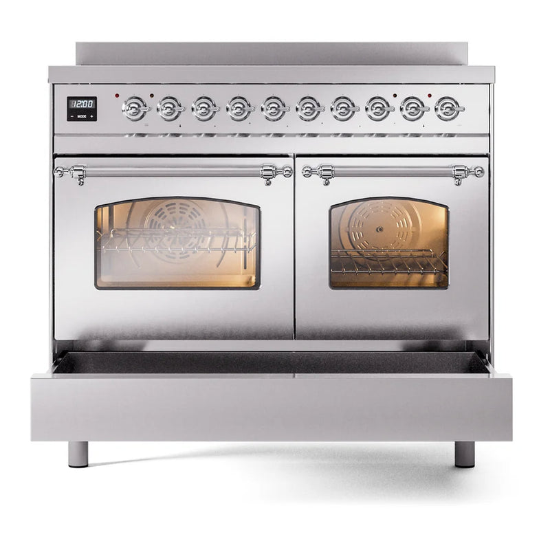 ILVE Nostalgie II 40" Induction Freestanding Range in Stainless Steel with Chrome Trim, UPDI406NMPSSC