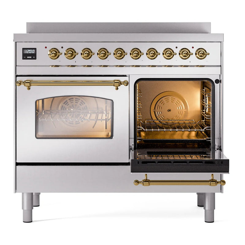 ILVE Nostalgie II 40" Induction Freestanding Range in Stainless Steel with Brass Trim, UPDI406NMPSSG