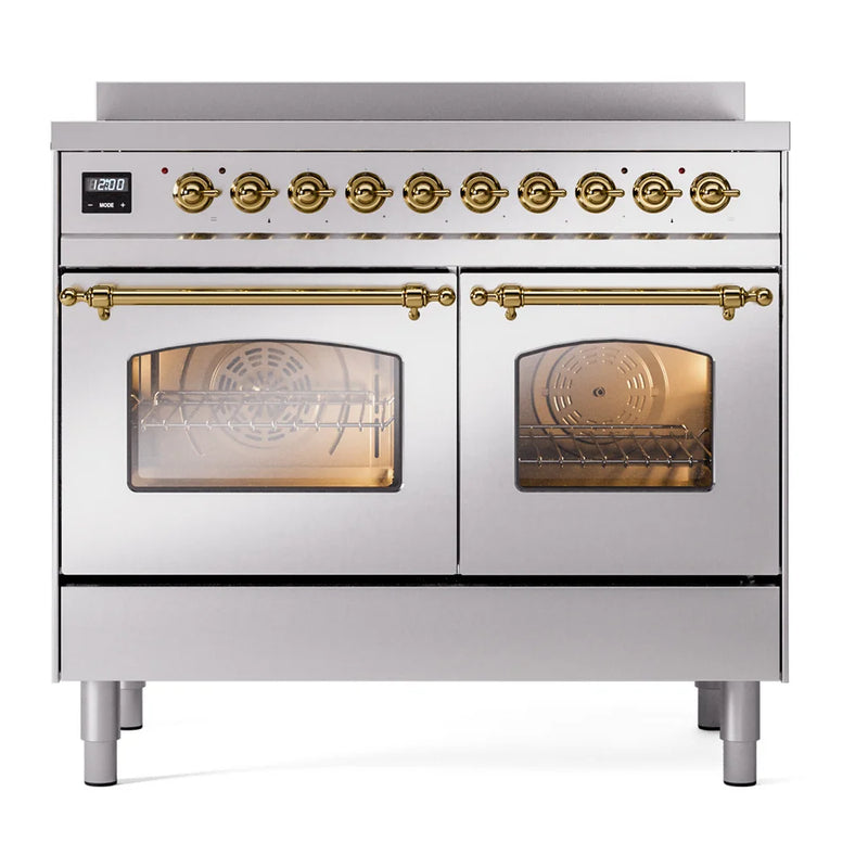ILVE Nostalgie II 40" Induction Freestanding Range in Stainless Steel with Brass Trim, UPDI406NMPSSG