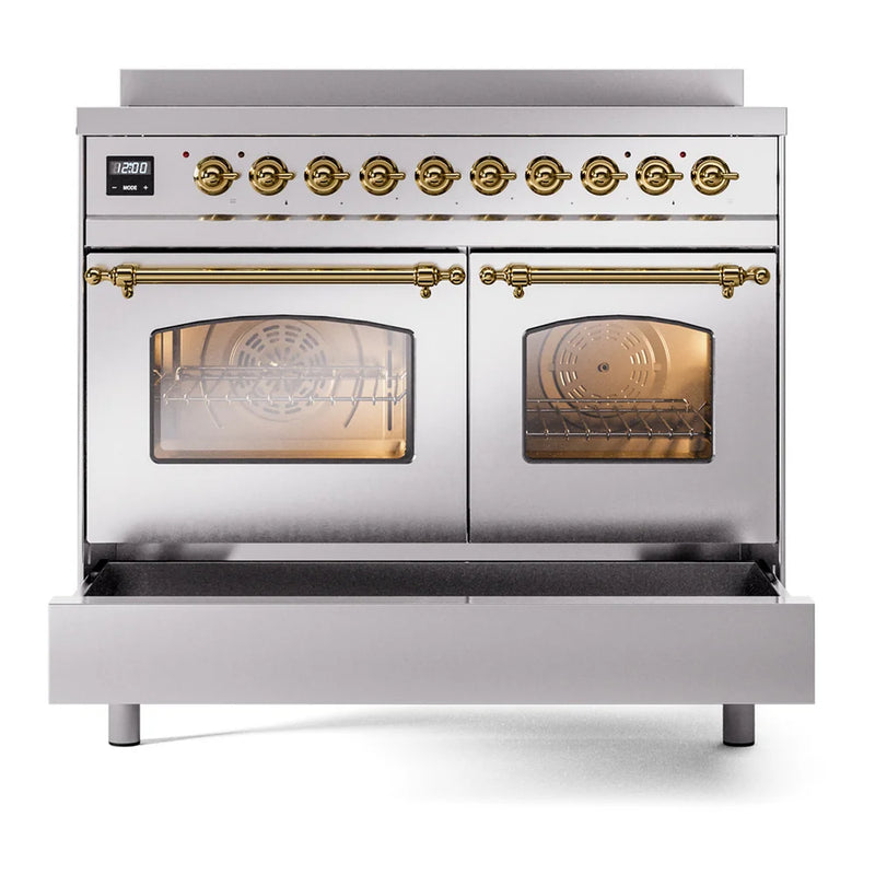ILVE Nostalgie II 40" Induction Freestanding Range in Stainless Steel with Brass Trim, UPDI406NMPSSG