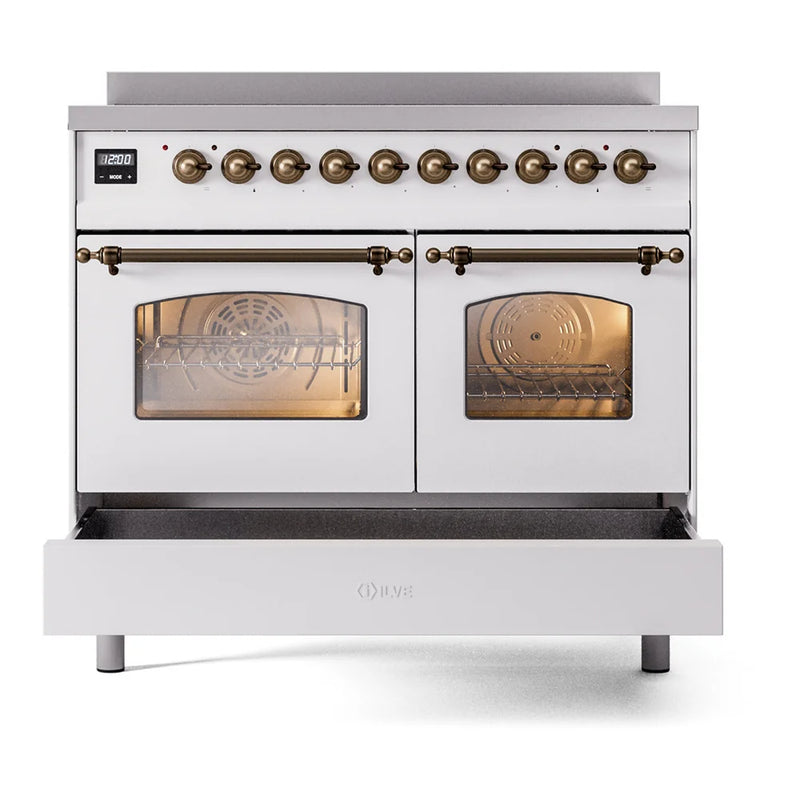 ILVE Nostalgie II 40" Induction Freestanding Range in White with Burnished Trim, UPDI406NMPWHB