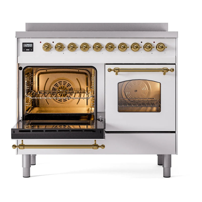 ILVE Nostalgie II 40" Induction Freestanding Range in White with Brass Trim, UPDI406NMPWHG