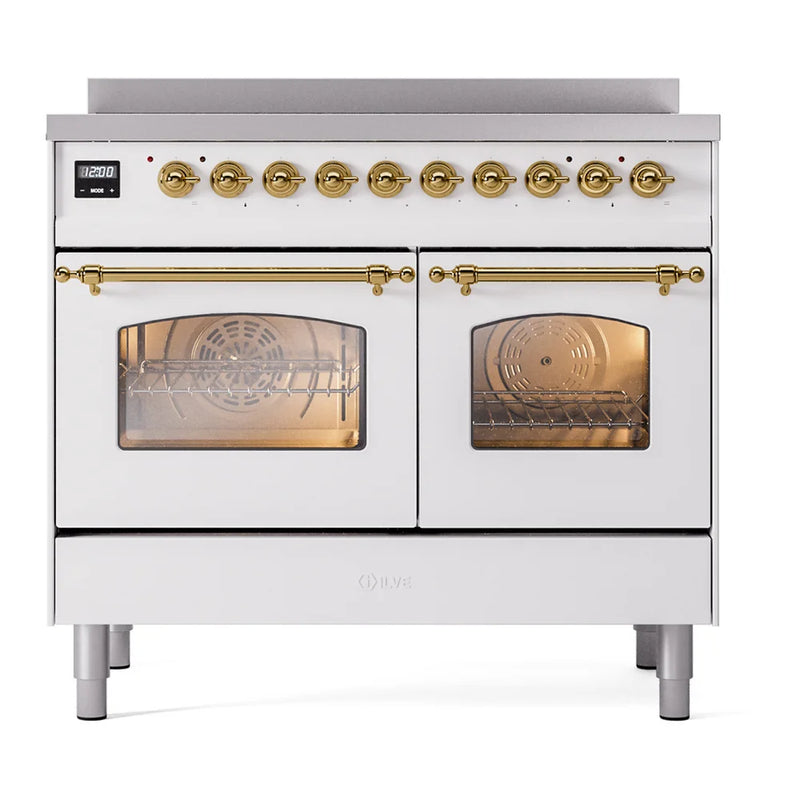 ILVE Nostalgie II 40" Induction Freestanding Range in White with Brass Trim, UPDI406NMPWHG