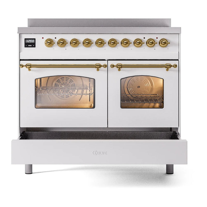 ILVE Nostalgie II 40" Induction Freestanding Range in White with Brass Trim, UPDI406NMPWHG