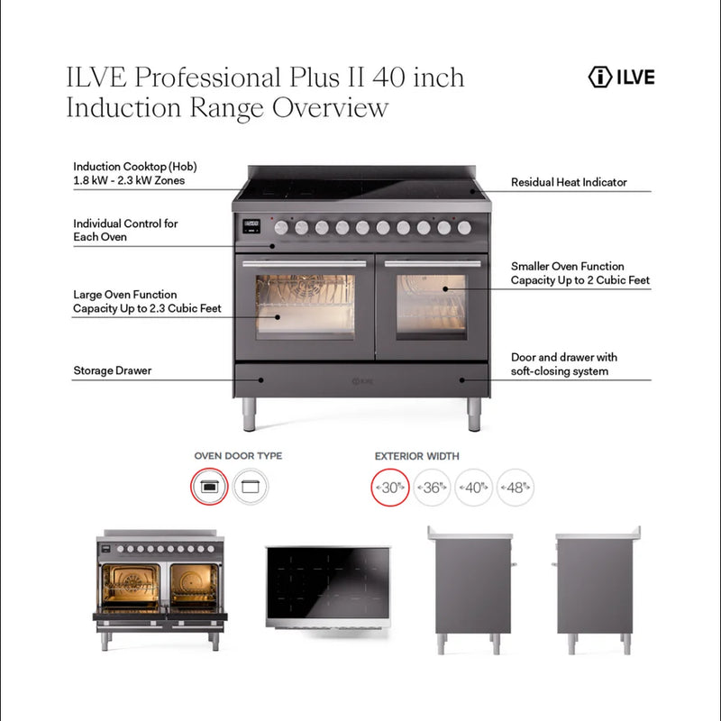 ILVE Professional Plus II 40" Induction Freestanding Range in Graphite Matte with Stainless Steel Trim, UPDI406QMPMG