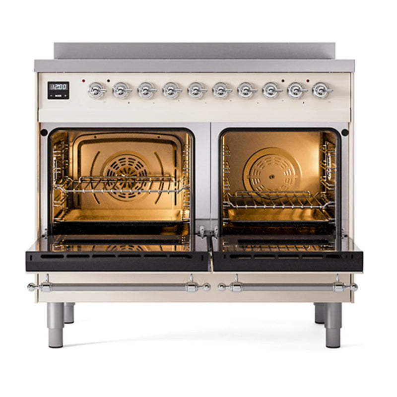 ILVE Nostalgie II 40" Induction Freestanding Range in Antique White with Chrome Trim, UPDI406QNMPAWC