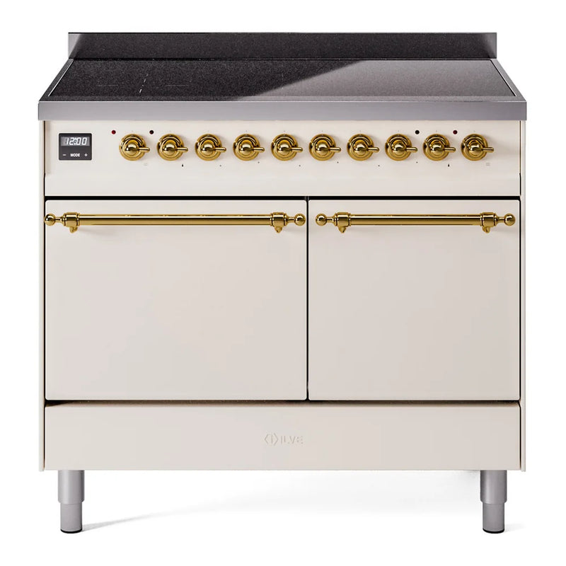 ILVE Nostalgie II 40" Induction Freestanding Range in Antique White with Brass Trim, UPDI406QNMPAWG