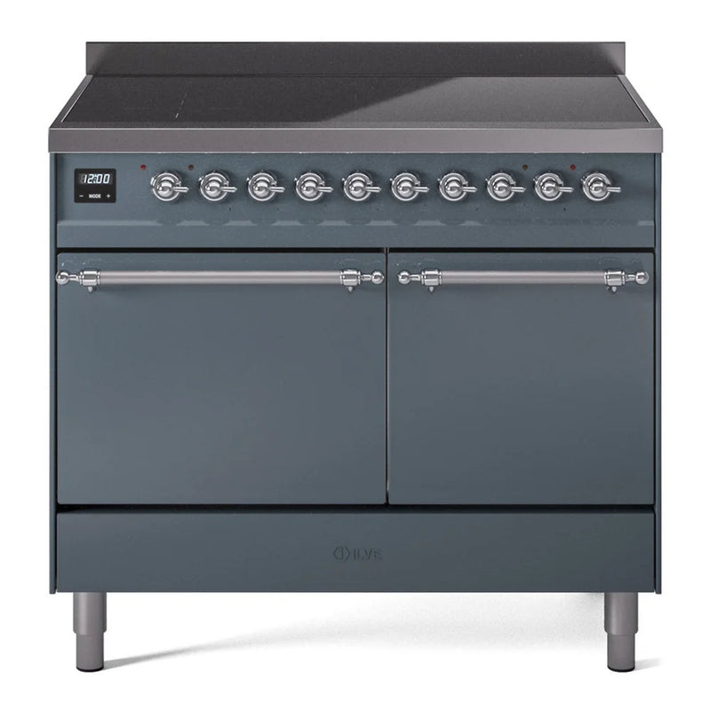 ILVE Nostalgie II 40" Induction Freestanding Range in Blue Grey with Chrome Trim, UPDI406QNMPBGC