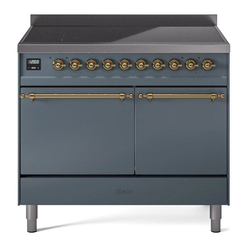 ILVE Nostalgie II 40" Induction Freestanding Range in Blue Grey with Brass Trim, UPDI406QNMPBGG