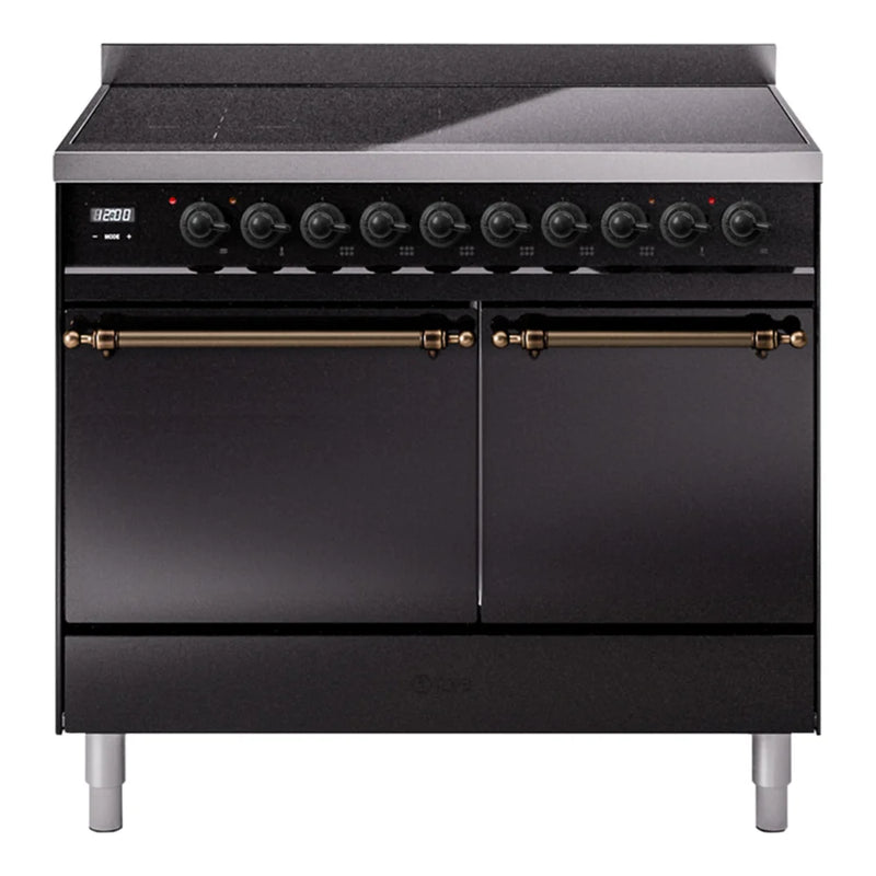 ILVE Nostalgie II 40" Induction Freestanding Range in Glossy Black with Burnished Trim, UPDI406QNMPBKB