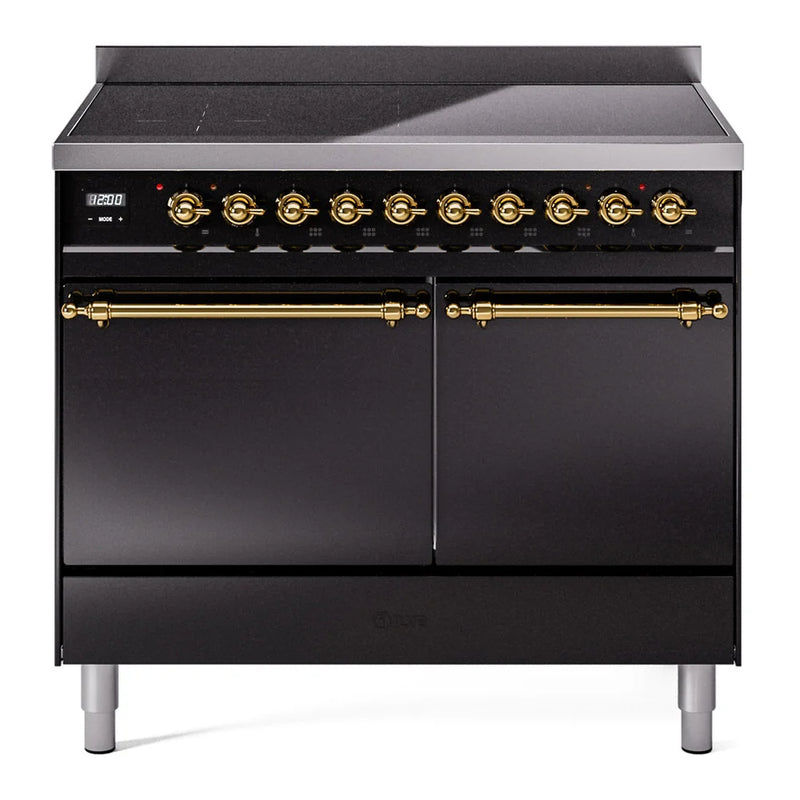 ILVE Nostalgie II 40" Electric Freestanding Range in Glossy Black with Brass Trim, UPDI406QNMPBKG