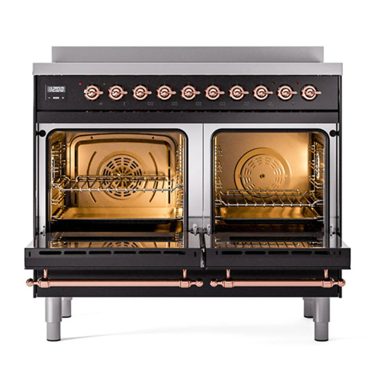 ILVE Nostalgie II 40" Electric Freestanding Range in Glossy Black with Copper Trim, UPDI406QNMPBKP