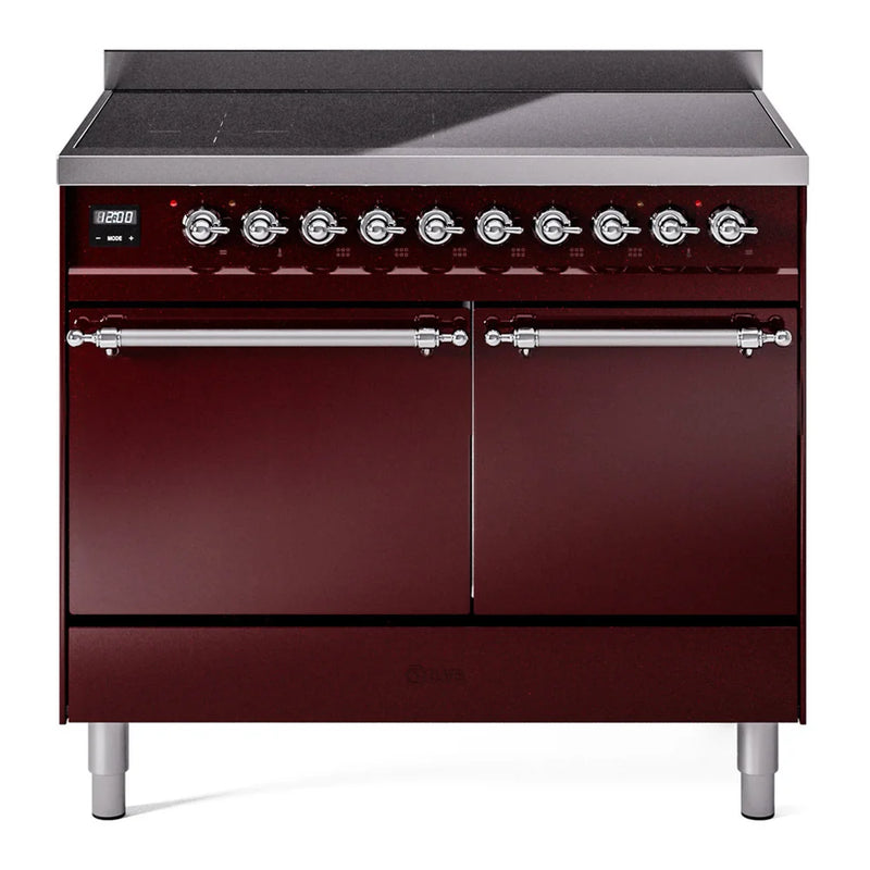 ILVE Nostalgie II 40" Induction Freestanding Range in Burgundy with Chrome Trim, UPDI406QNMPBUC