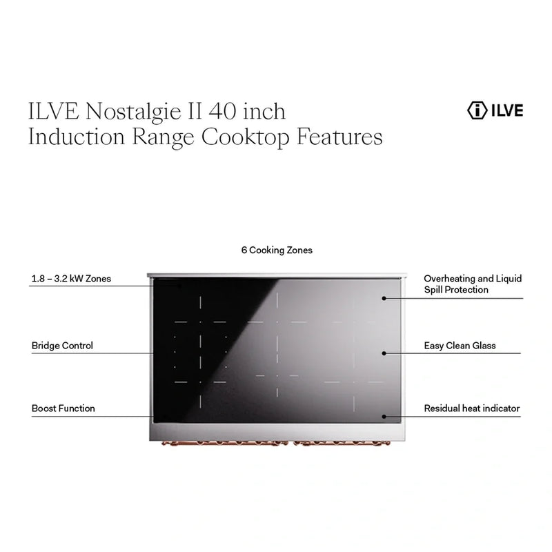 ILVE Nostalgie II 40" Induction Freestanding Range in Burgundy with Brass Trim, UPDI406QNMPBUG