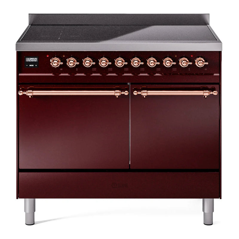ILVE Nostalgie II 40" Induction Freestanding Range in Burgundy with Copper Trim, UPDI406QNMPBUP