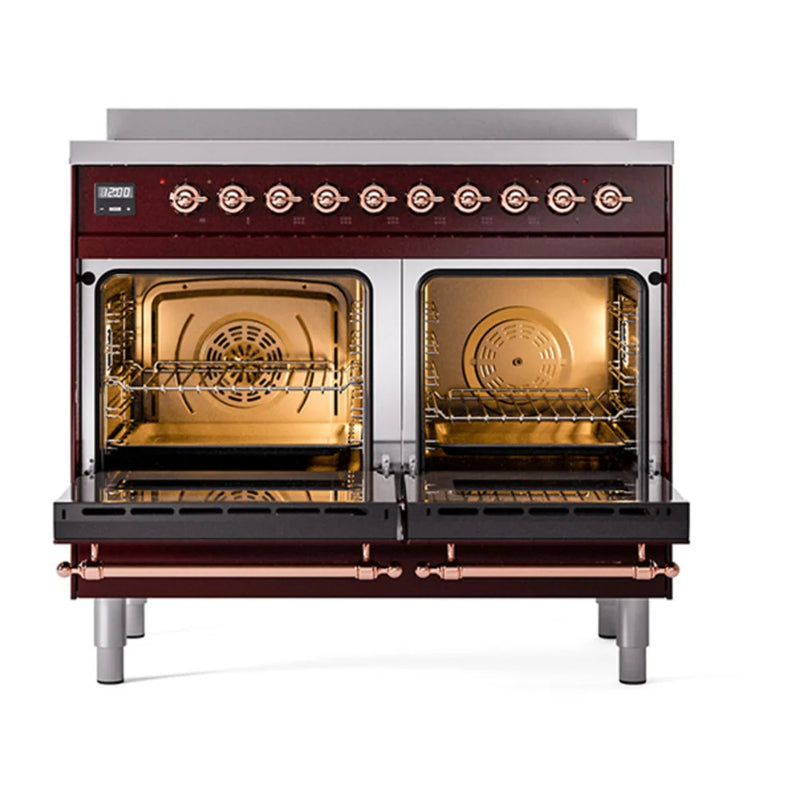 ILVE Nostalgie II 40" Induction Freestanding Range in Burgundy with Copper Trim, UPDI406QNMPBUP