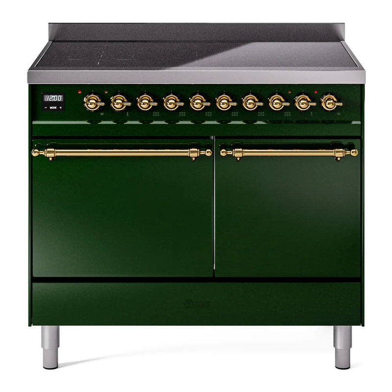 ILVE Nostalgie II 40" Induction Freestanding Range in Emerald Green with Brass Trim, UPDI406QNMPEGG