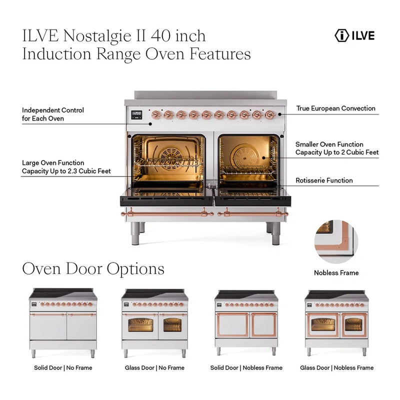 ILVE Nostalgie II 40" Induction Freestanding Range in Emerald Green with Brass Trim, UPDI406QNMPEGG