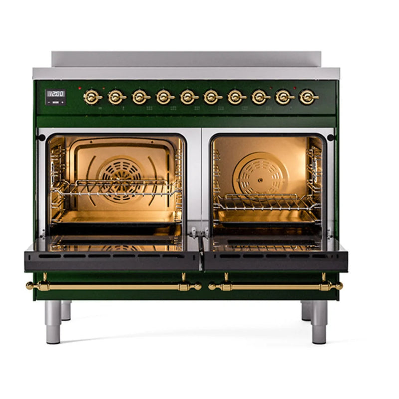 ILVE Nostalgie II 40" Induction Freestanding Range in Emerald Green with Brass Trim, UPDI406QNMPEGG