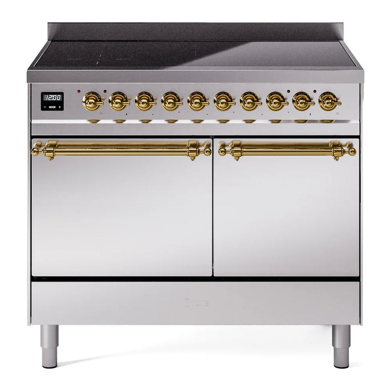 ILVE Nostalgie II 40" Induction Freestanding Range in Stainless Steel with Brass Trim, UPDI406QNMPSSG