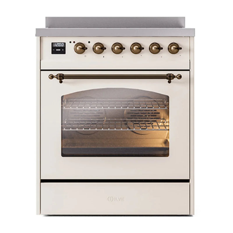 ILVE Nostalgie II 30" Induction Freestanding Range in Antique White with Burnished Trim, UPI304NMPAWB