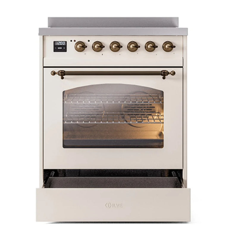 ILVE Nostalgie II 30" Induction Freestanding Range in Antique White with Burnished Trim, UPI304NMPAWB