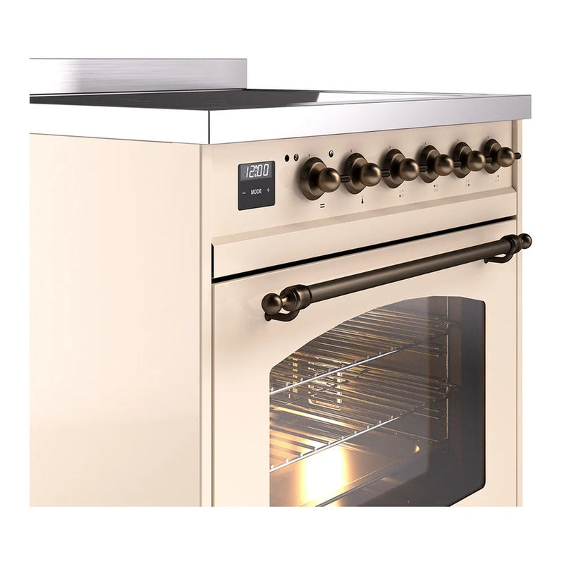 ILVE Nostalgie II 30" Induction Freestanding Range in Antique White with Burnished Trim, UPI304NMPAWB