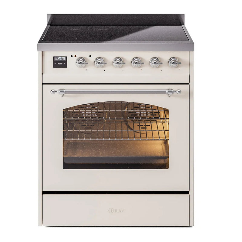 ILVE Nostalgie II 30" Induction Freestanding Range in Antique White with Chrome Trim, UPI304NMPAWC
