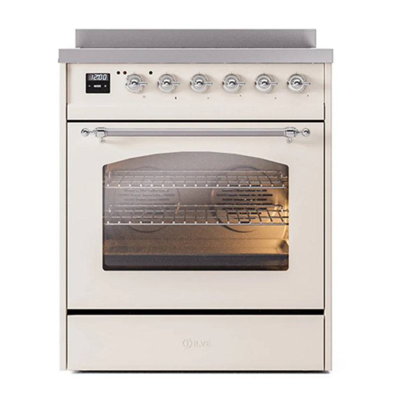 ILVE Nostalgie II 30" Induction Freestanding Range in Antique White with Chrome Trim, UPI304NMPAWC