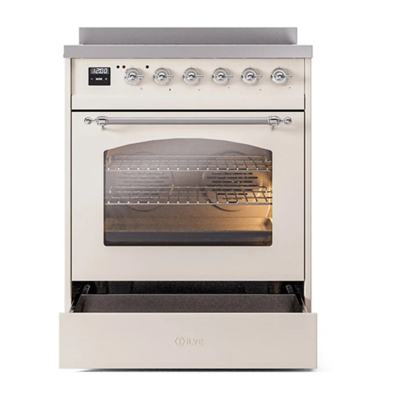 ILVE Nostalgie II 30" Induction Freestanding Range in Antique White with Chrome Trim, UPI304NMPAWC
