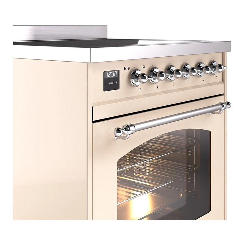 ILVE Nostalgie II 30" Induction Freestanding Range in Antique White with Chrome Trim, UPI304NMPAWC