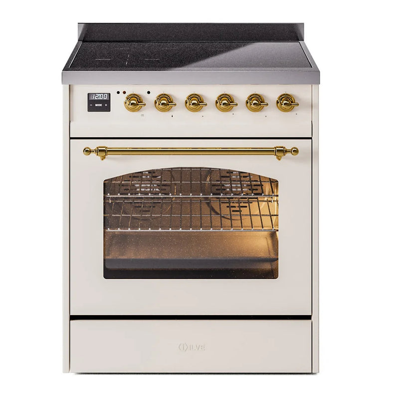 ILVE Nostalgie II 30" Induction Freestanding Range in Antique White with Brass Trim, UPI304NMPAWG