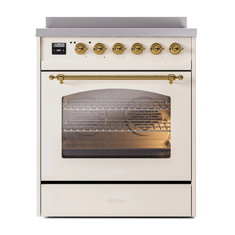 ILVE Nostalgie II 30" Induction Freestanding Range in Antique White with Brass Trim, UPI304NMPAWG